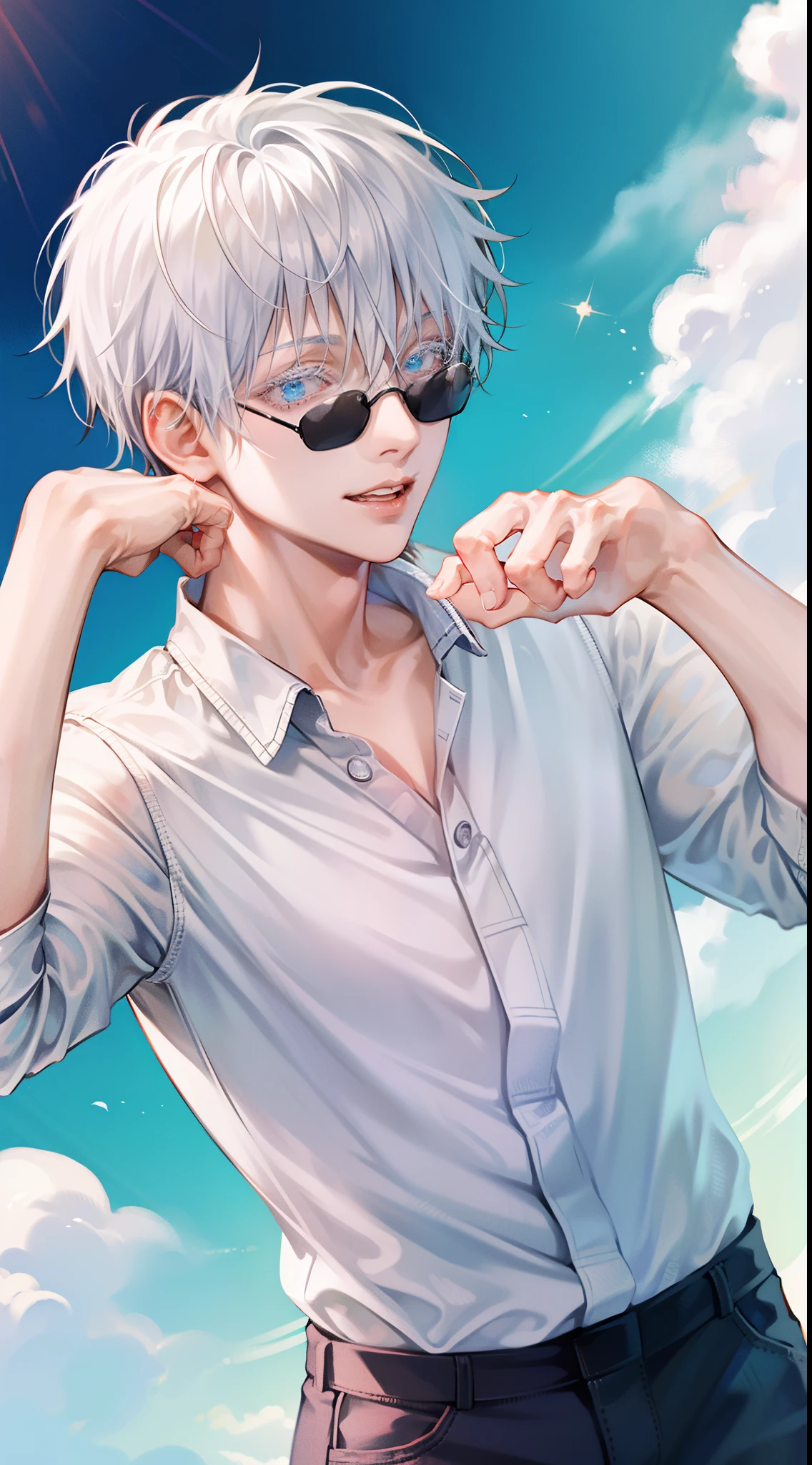 (masterpiece, best quality:1.2), (hyperdetailed face), (Super well-formed face), close up, face focus, solo, male focus, 1boy, gojo satoru, 18-years-old, slim body, white hair, blue eyes, crystal clear eyes, beautiful pupils, beautiful detailed eyes, smiling, white teeth, long white eyelashes, black shirt, long sleeves, black pants, wearing sunglasses, looking at viewer, beautiful blue sky, summer sky