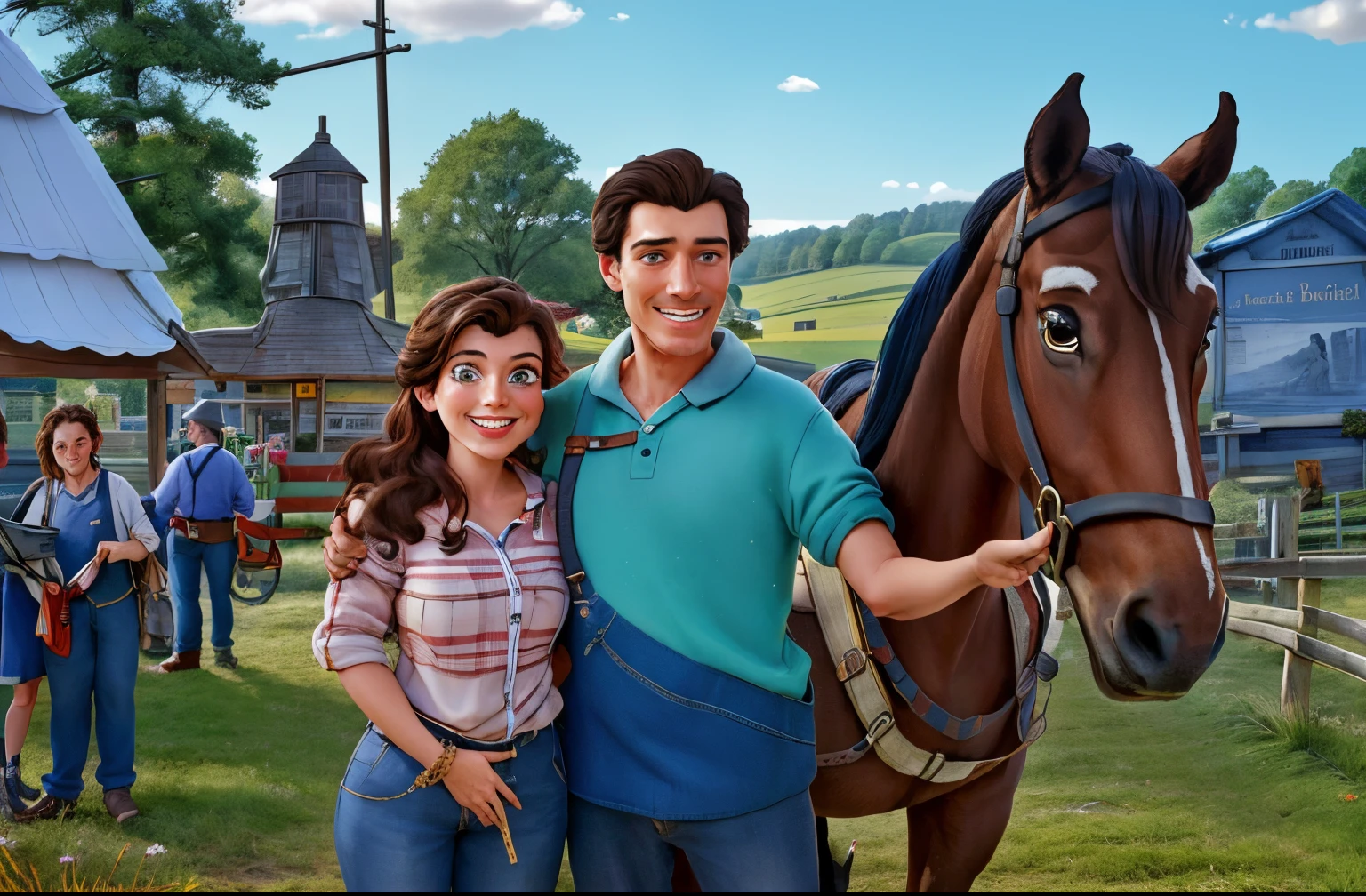 there is a man and woman standing next to a horse, with horse driven, charli bowater and artgeem, edited, proud looking, by Robert Brackman, portrait shot, various posed, no reins, posed, looking happy, thumbnail, by Helen Stevenson, by Alice Mason, proud, by Julian Hatton, by Meredith Dillman, prizewinning