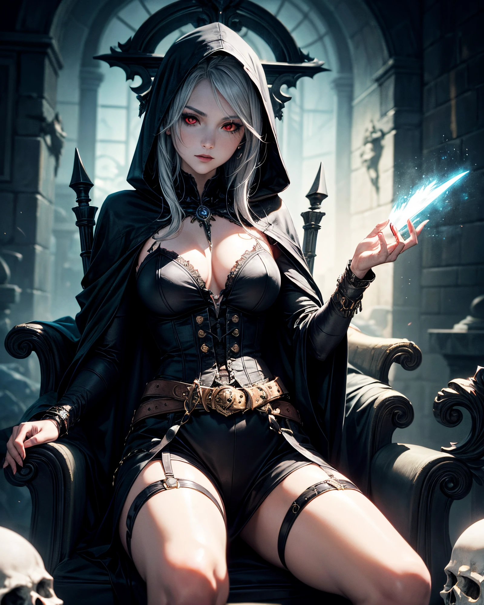 (best quality), (masterpiece), (high resolution), [:intricate details:], (detailed background) a hooded sex vampire woman sitting on a throne with skulls around her, she has red eyes,her outfit has red color, her skin is white like a vampire, dark fantasy art, vampire queen, gothic fantasy art, dark sorceress, abaddon and magali villeneuve, dark fantasy style art, epic fantasy art style hd, evil sorceress, necromancer sorceress, dark fantasy art, beautiful necromancer, (sage aura effect around the throne)