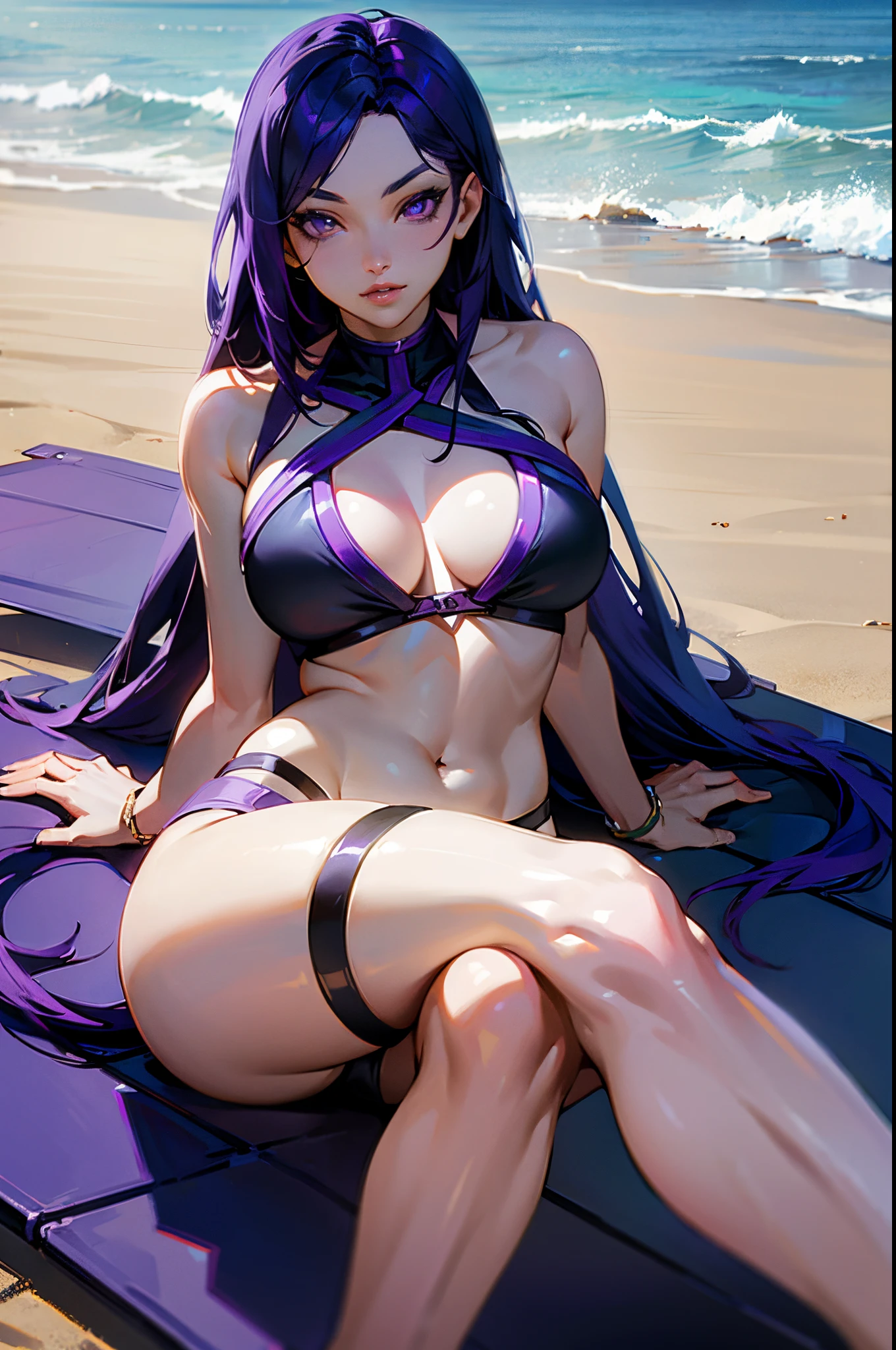kai'sa , league of legends , black bikini , purple hair , purple eyes , on beach