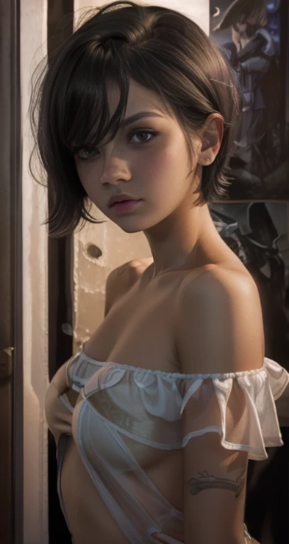 Best quality, masterpiece, ultra high res, (photorealistic:1.5), raw photo, 1girl, offshoulder, in the dark, deep shadow, low key, cold light, sexy look, short hair, black eyes,