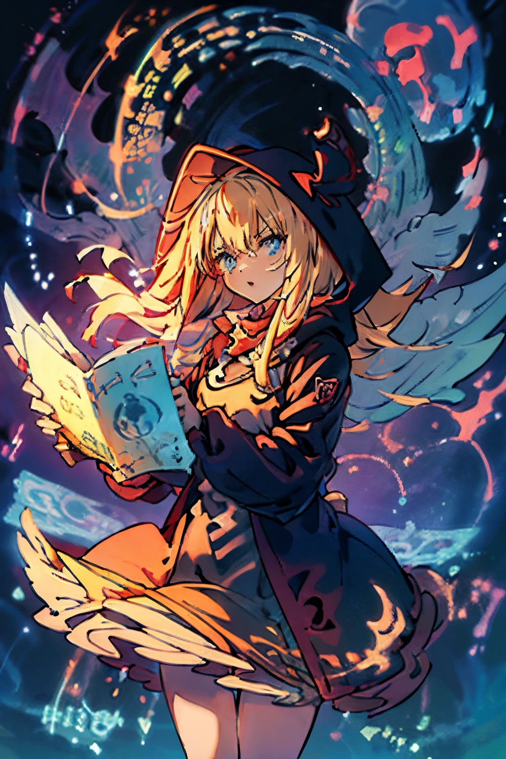 Early TCG,1girl, solo, masterpiece,4k,8k,absurdres, blue eyes, blond hair, crossed bangs, closeup, red mushroom girl, yugioh style yugioh monster glowing outline, black hoodie,cowboy shot,Magic Circle