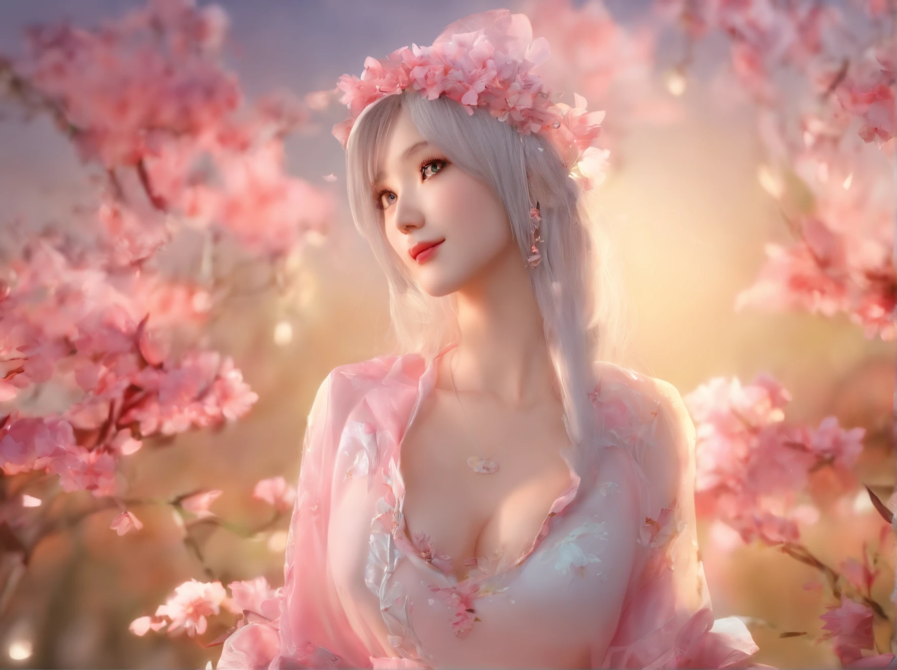 (Best quality at best,actual,an extremely delicate,RAW photogr,profesional lighting,Glowing face,depth of fields,shallow focus,girl for love,1 girl,(pure love face_v1:0.33),(ulzzang-6500:0.33),Majestic sky,The girls,Large breasts,(Chinese)