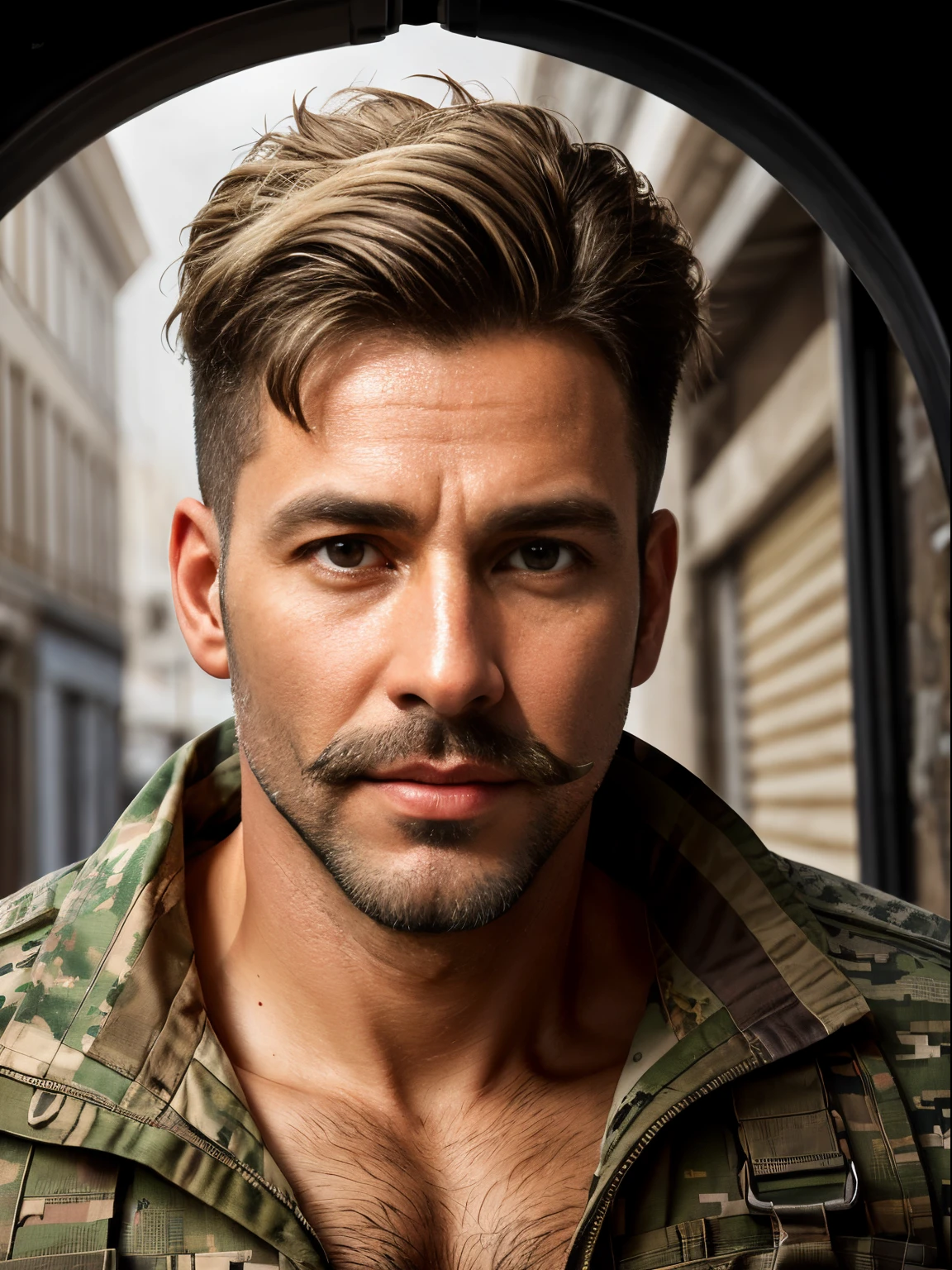 masterpiece, best quality, high resolution, closeup portrait, male focus, solo focus, A man, 40 years old, with military clothes, soldier, blonde bleached hair, messy hairstyle, cute and seductive face, bare chest, body hair, facial hair, roman nose, very skinny body, hairy legs, dimples, goatee and mustache, bold jawline , in the background a millitary camp and other soldiers, view from below, amazing composition, front view, HDR, ultra quality, elegant, highly detailed