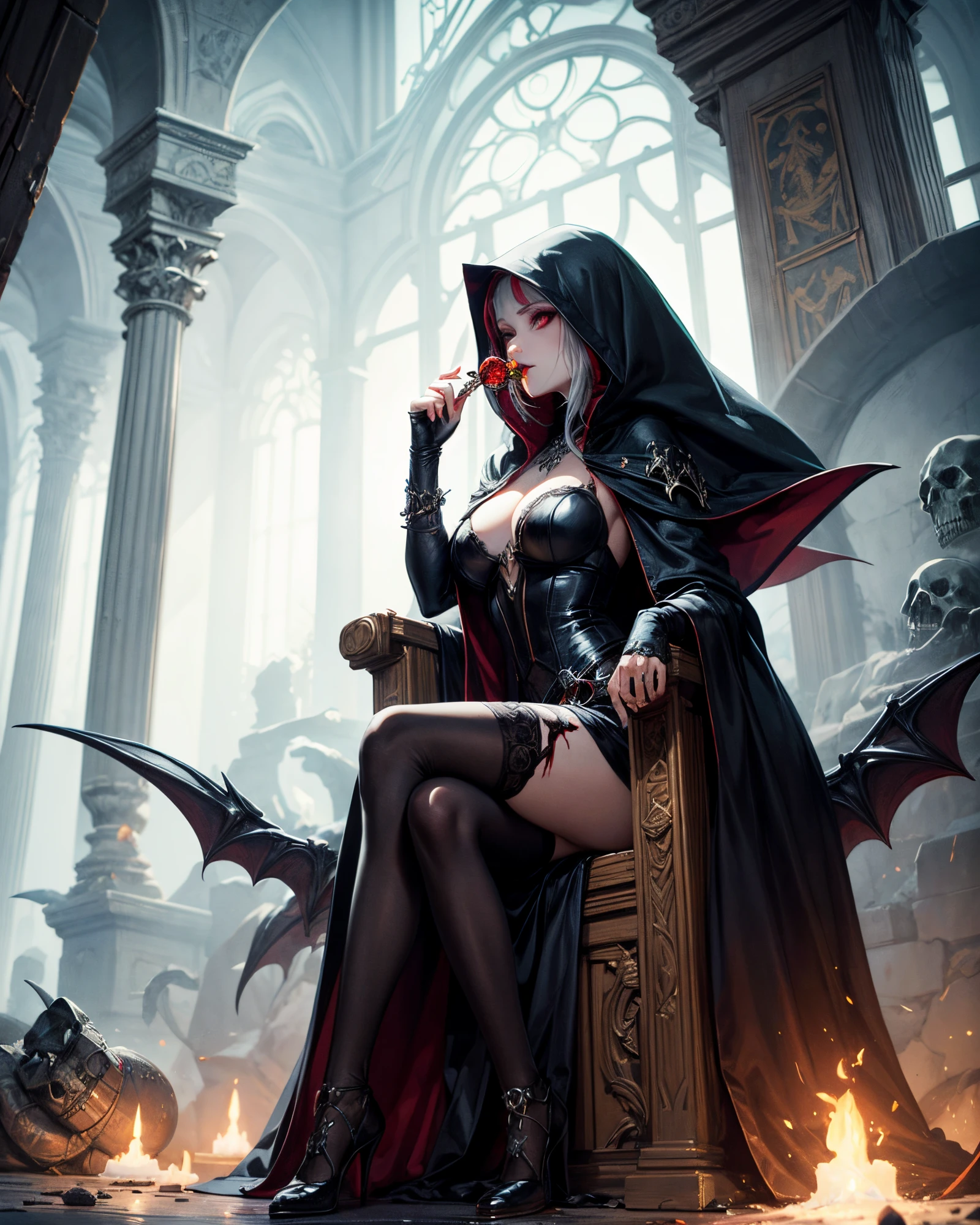arafed woman in a black dress sitting on a throne holding a glass of wine, dark fantasy style art, gothic fantasy art, in style of dark fantasy art, beautiful vampire female queen, dark fantasy art, beautiful vampire queen, beautiful elegant demon queen, dark fantasy artwork, seductive cyberpunk dark fantasy, dark fantasy style, dark fantasy illustration, dark goth queen