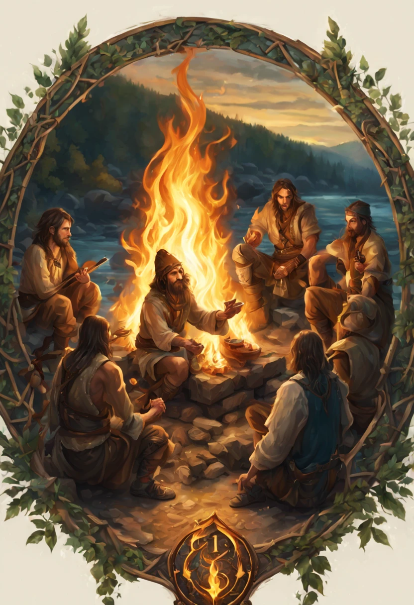(a bunch of six young, tatooed celtics:1.1,six.28) surrounding a campfire, (letters of different languages:1.1,multiple languages:1.1) flowing over the fire. (best quality,4k,highres:1.2), (ultra-detailed,extremely detailed:1.1), (realistic,photorealistic:1.37) depiction of the (celtics:1.1,druids:1.1) and the (campfire:1.1,bonfire:1.1). The (celtics:1.1,druids:1.1) are shown with (intricate detailed patterns:1.1,detailed ornaments:1.1) on their (clothing:1.1,robes:1.1) and (decorative tattoos:1.1). The campfire radiates a (warm:1.1,cozy:1.1) glow ocean blue, illuminating their (expressive:1.1,fascinating:1.1) faces with (subtle shadows:1.1). The (letters:1.1,alphabets:1.1) (of different languages:1.1,multiple languages:1.1) are gracefully (floating:1.1,drifting:1.1) over the fire, gently merging with the flames. The overall scene has a (mystical:1.1,magical:1.1) atmosphere enhanced by the (subtle:1.1,soft:1.1) color palette and (ambient lighting:1.1).