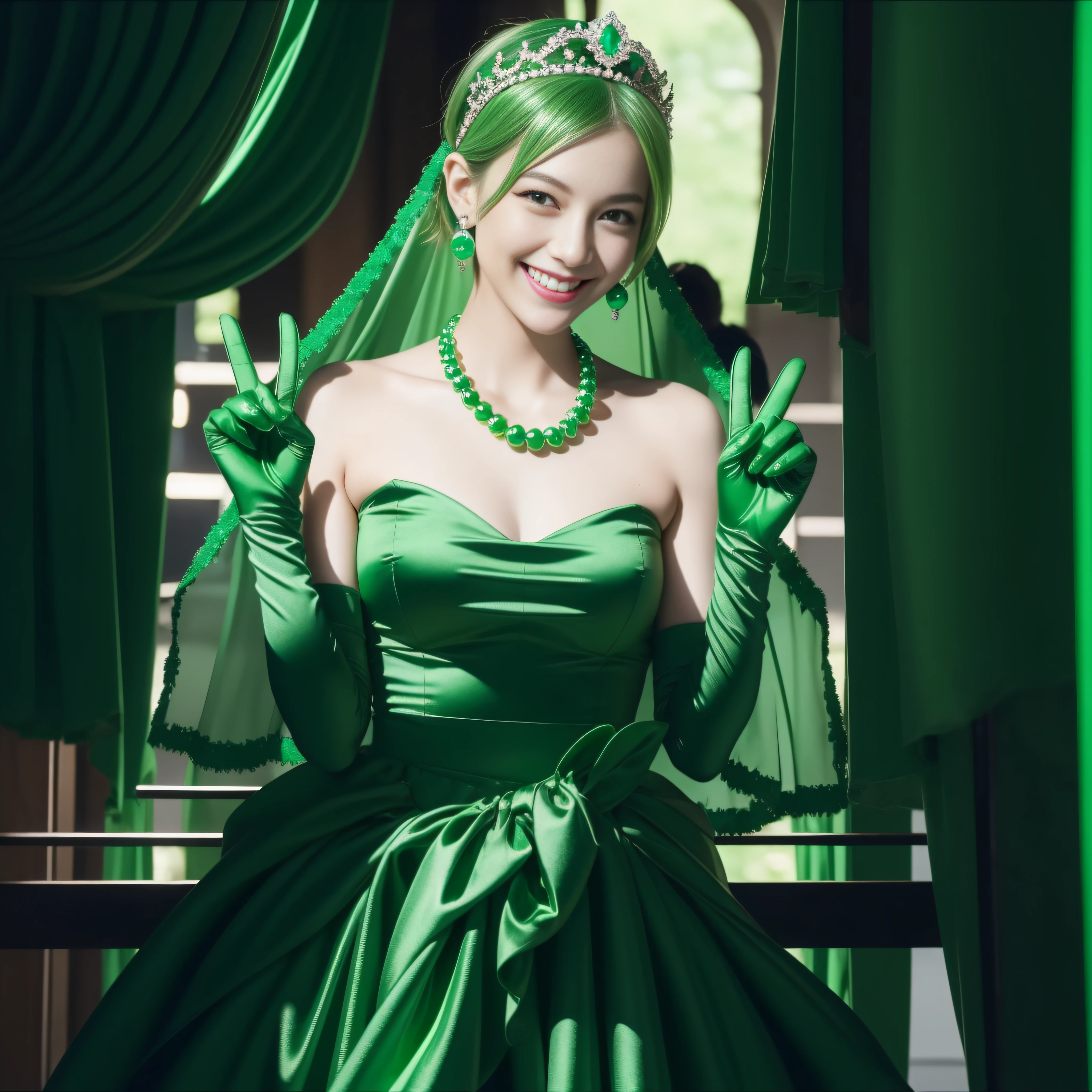 emerald tiara, Green Pearl Necklace, Boyish very short green hair, lipsticks, Japan woman smiling, very short short hair, big breasts beautiful, Green eyes, Long green gloves made of satin material, Green eyes, v sign,V-sign with both hands, Emerald Earrings