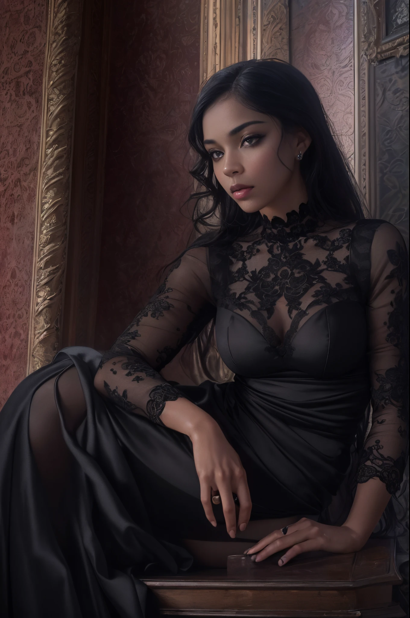 (best quality, 4k, 8k, highres, masterpiece:1.2), ultra-detailed, (realistic,photorealistic,photo-realistic:1.37), gorgeous light skin black woman, seductive gaze, elegant posture, gothic background, sensual beauty, glamorous fashion, black gothic gown, pantyhose, dark colors, moody lighting, full body pose