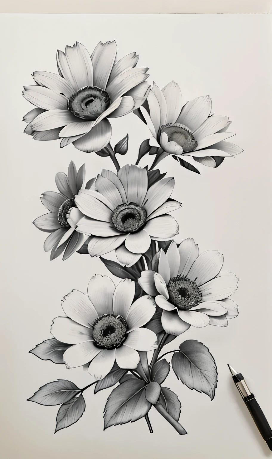 there is a drawing of a bunch of flowers on a paper, detailed flowers, hyperrealistic shaded, line art, flowers with intricate detail, pencil art on paper, realistic line drawing, realistic black and white, perfect pen and ink line art, highly detailed drawing, very detailed shading, detailed realistic, highly detailed linework, detailed 4 k drawing