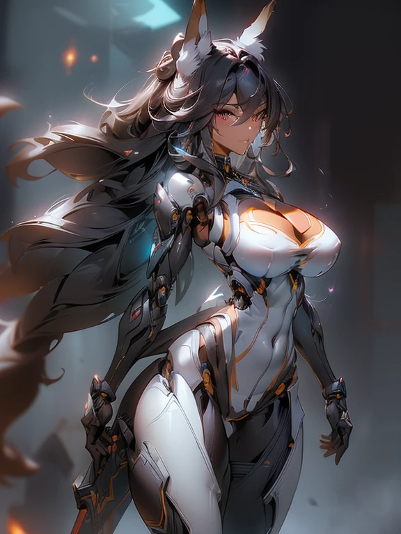 (masterpiece), (best quality:1.4), (perfect anatomy:1.4), high quality, expressive eyes, full body, tall girl, detailed face, beautiful face, perfect face, breasts, cleavage, gloves, huge breasts, cyberpunk, (black armor), long hair, ((tanned skin)), straight hair, detailed (ash gray hair), detailed eyes, (yellow eyes), fox ears, fox tail, hourglass physique, bodysuit, thick thighs, toned, emblem, superhero, dynamic lighting, 4k resolution, dynamic pose, cover, mecha musume, fortified suit, mechanical parts, headgear, robot joints, bodysuit, deva battle suit, glove