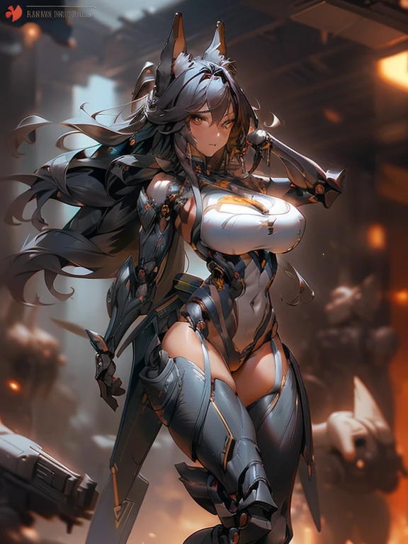 (masterpiece), (best quality:1.4), (perfect anatomy:1.4), high quality, expressive eyes, full body, tall girl, detailed face, beautiful face, perfect face, breasts, cleavage, gloves, huge breasts, cyberpunk, (black armor), long hair, ((tanned skin)), straight hair, detailed (ash gray hair), detailed eyes, (yellow eyes), fox ears, fox tail, hourglass physique, bodysuit, thick thighs, toned, emblem, superhero, dynamic lighting, 4k resolution, dynamic pose, cover, mecha musume, fortified suit, mechanical parts, headgear, robot joints, bodysuit, deva battle suit, glove