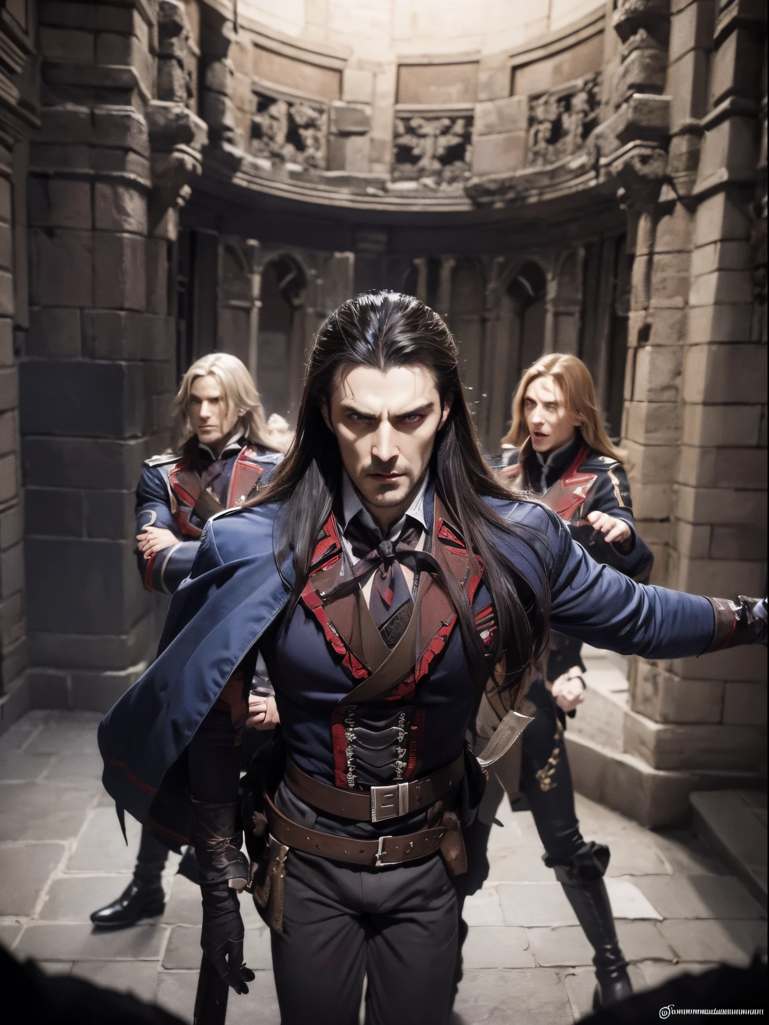 Castlevania Shadow Lord beau Seigneur musclé Dracula dirigeant des troupes armées de démons Visages très détaillés à la war hyper réaliste super détaillé Super détaillé Pose dynamique super détaillé Visages hyper réalistes super détaillés