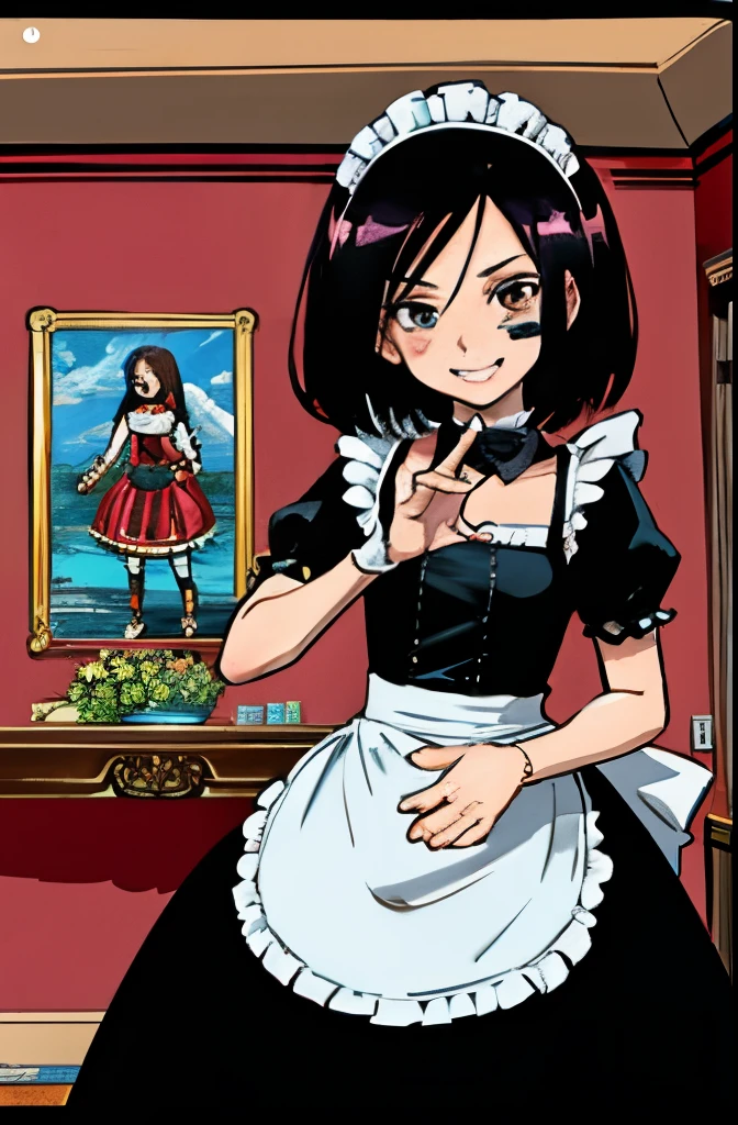 short hair, black hair, brown eyes, maid, maid dress, facial mark, (mechanical arms), cyberpunk, red facepaint, android, gally, 1girl, masterpice, high quality, best quality, good body, good hands and fingers, official art, (perfect face and eyes), (perfect hands), (nice face), (nice hands), (solo), ((room)), people, science fiction,  smile,