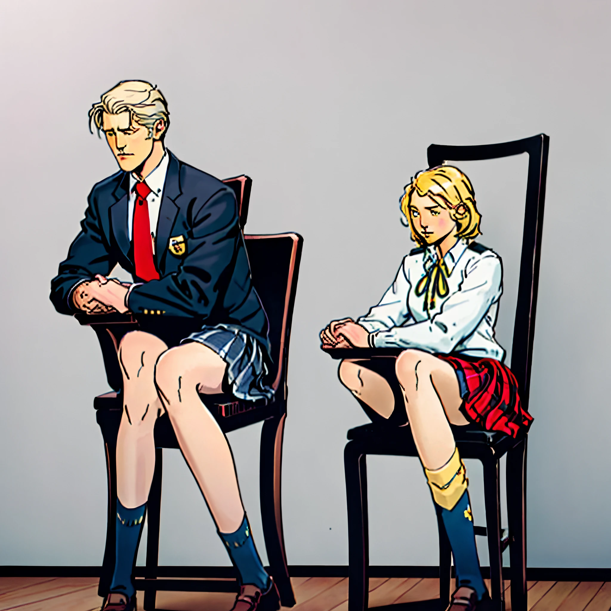 A high school girl sitting on a chair, Gray but yellow hair, A round face with a slightly pointed chin, The direction of the character's face, gaze, and body should be facing straight ahead., Both hands are placed politely on the knees, Hair length is shorter than bob, Eye color is pink, Wearing navy blue school uniform, He wears a yellow ribbon on his necktie., Legs are tilted to the right, s whole body, No background, white plaid skirt.