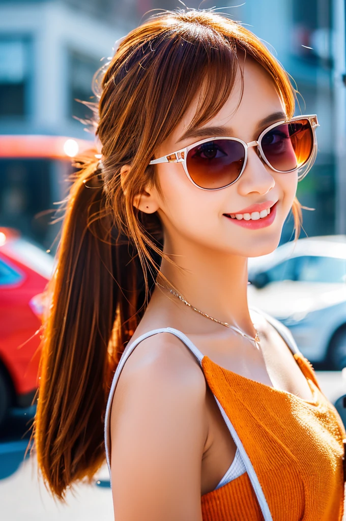 Fox Girl,White dress,gargantilha,Orange skirt,In the street,red eyes,Orange hair,poneyTail,Wear sunglasses,Holding a handbag,crosswalk,traffic light,There are many people around,smiling  girl,high-heels,a parked car,(masterpiece:1.2), (best quality:1.2),((ultra-detail)),(detailed background),(ultra-detailed skin),(ultra-detailed face),(detailed eyes),(depth of field),illustration,vibrant colors,sharp focus,cinematic lighting, light particles