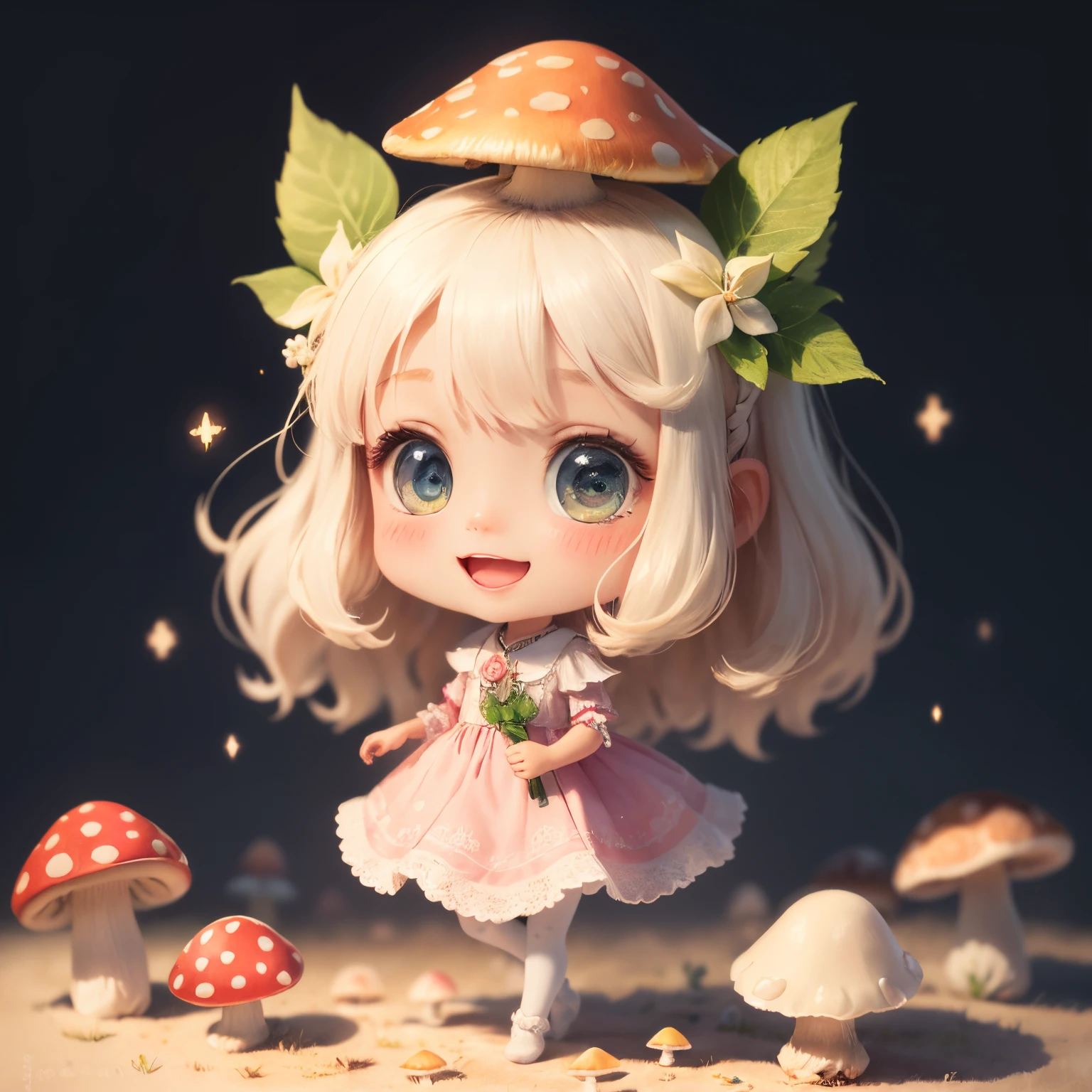 (PastelColors:1.3)、(Cute illustration:1.3)、(watercolor paiting:1.1)、 Chibi:1.2、
Detailed background、1girl in、Smile with open mouth、Beautifully detailed、Moya、colourfull、marble、Particles of light、patterns、
Detailed drawing、Vibrant colors、striking contrast、intricate detailes、Delicate depiction、Luminescent、full body Esbian、
From the side、Beautiful facial features、Brightly colored eyes、Wearing intricate and delicate ornaments、glowing aura、Radiant hair、
Illuminated by the morning light、(Mushrooms on the head:1.3)