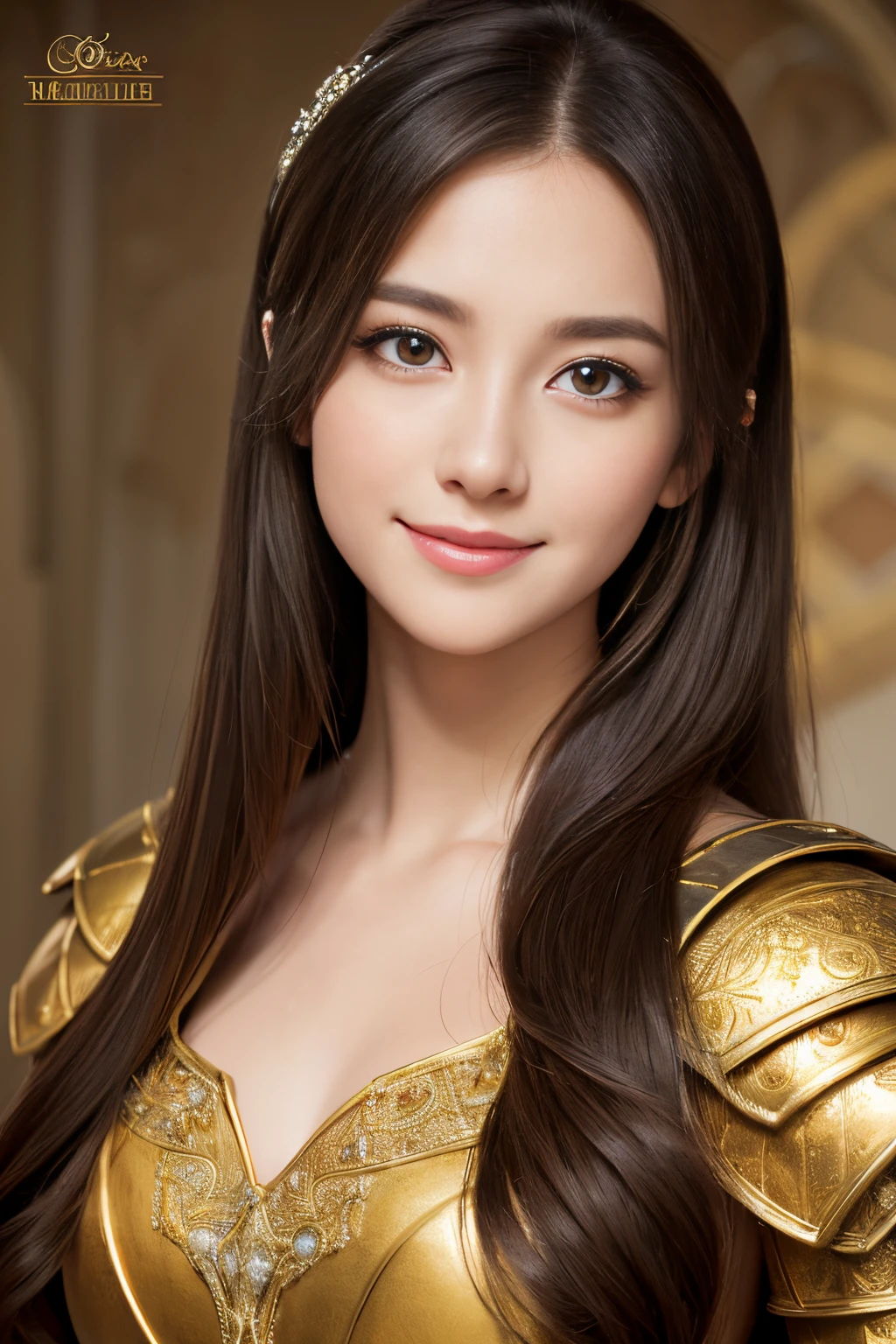 A woman in a gold dress and a tiable smiles - SeaArt AI