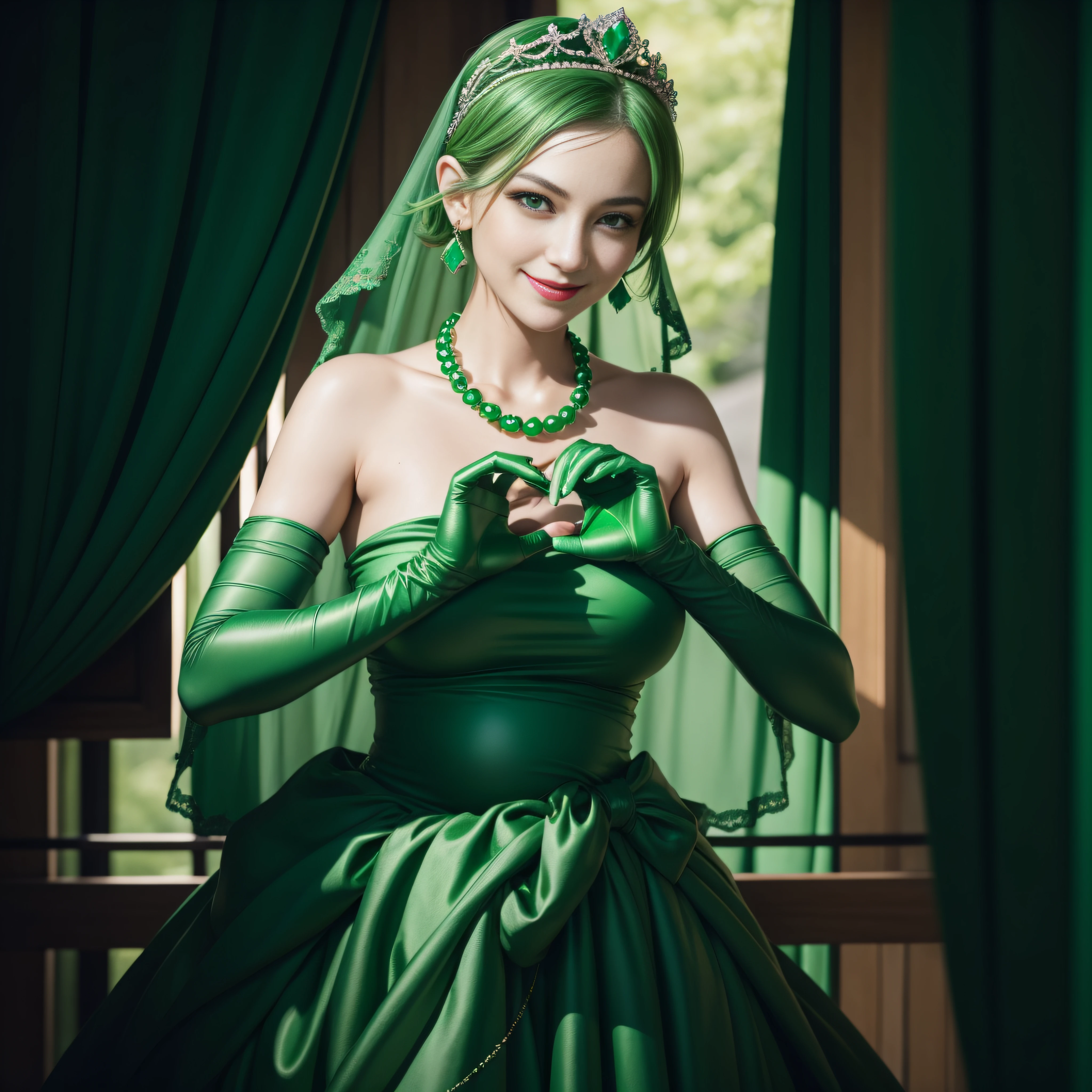 emerald tiara, Green Pearl Necklace, Boyish very short green hair, lipsticks, Japan woman smiling, very short short hair,  big breasts beautiful, Green eyes, Long green gloves made of satin material, Green eyes, Emerald Earrings, green vale, Heart with both hands, Pregnant Woman