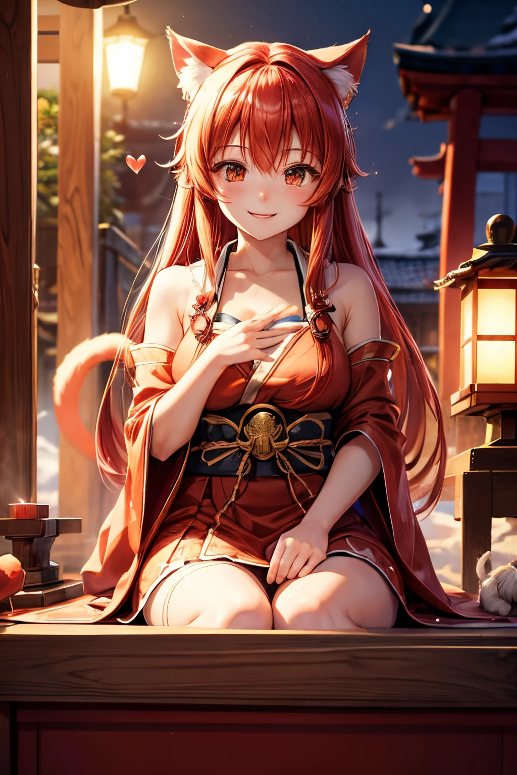 Top quality, high resolution, perfect human structure, background focus, front view, glowing hair, red hair, cat ears, happy smile, shrine maiden outfit, shrine, heart-shaped eyes