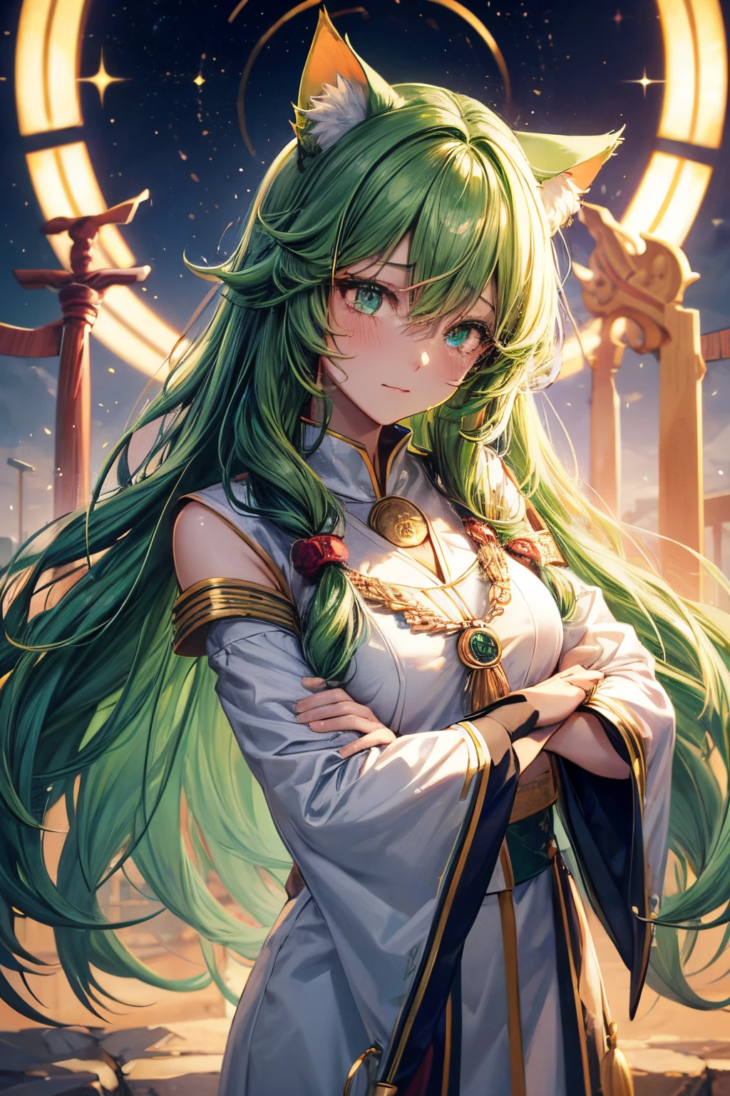 Top quality, high resolution, perfect human structure, background focus, front view, glowing hair, cat ears, green hair, multicolored hair, shrine, priestess clothes, crying, star-shaped pupils, wavy hair