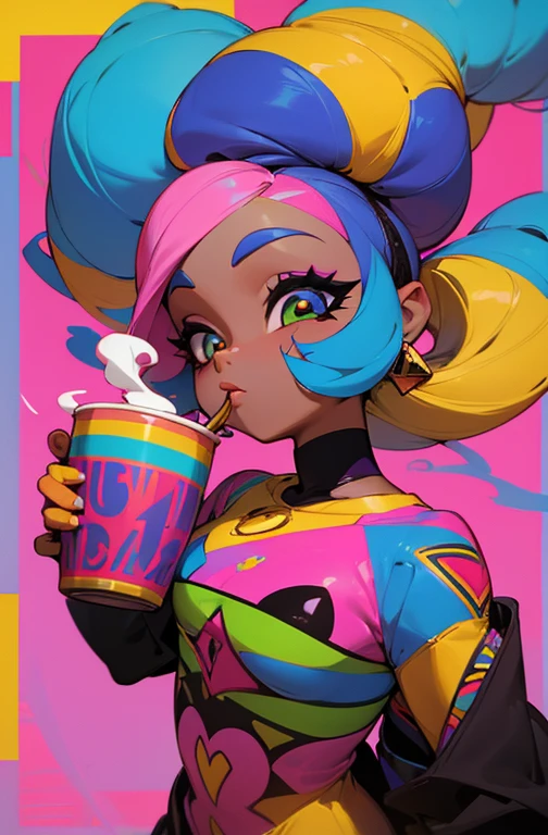 (A BEAUTIFUL ORIGINAL AFRICAN WOMAN HAPPY HAIR WITH A NICE CUP OF COFFEE COMING OUT SMOKE IN HER HAND, Beautiful cup ,Coloridas ,pink and blue and yellow WRITTEN WE COOFFE IN THE CUP ), Eduardo Kobra ,Romero Brito,The Filling Twins ,multidimensional geometric wall PORTRAIT, arte, Chibi,
Yang08k, lindo, Colouring,
Primary works, qualidade superior, melhor qualidade, Arte Oficial, Beautiful and Aesthetic, 128 mil