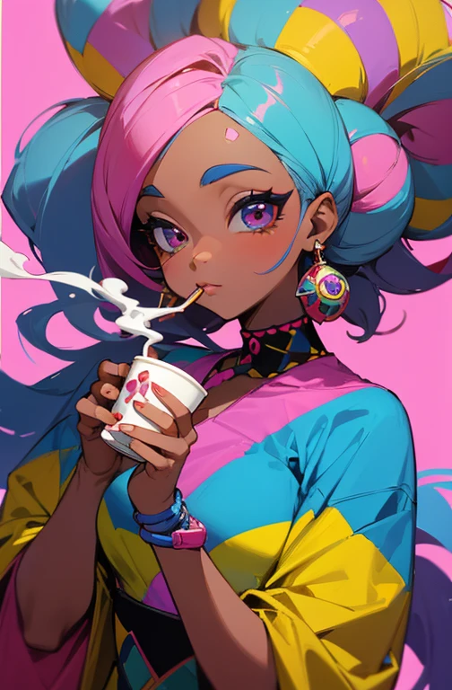 (A BEAUTIFUL ORIGINAL AFRICAN WOMAN HAPPY HAIR WITH A NICE CUP OF COFFEE COMING OUT SMOKE IN HER HAND, Beautiful cup ,Coloridas ,pink and blue and yellow WRITTEN WE COOFFE IN THE CUP ), Eduardo Kobra ,Romero Brito,The Filling Twins ,multidimensional geometric wall PORTRAIT, arte, Chibi,
Yang08k, lindo, Colouring,
Primary works, qualidade superior, melhor qualidade, Arte Oficial, Beautiful and Aesthetic, 128 mil