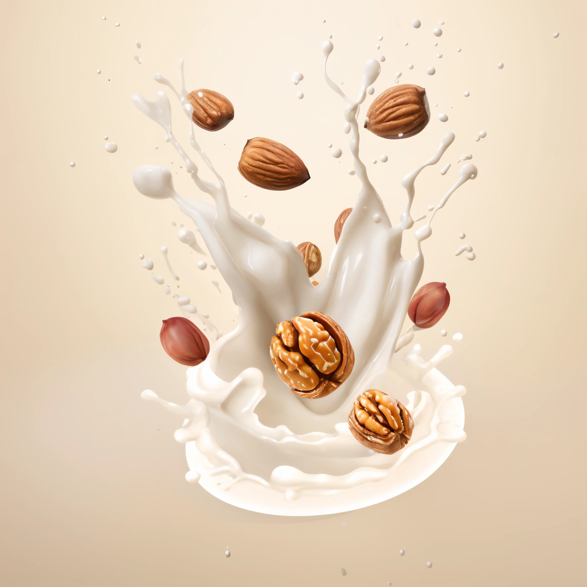 Araf and nuts fall into milk splash on brown background, highly detailed composition, Hyper-realistic illustration, Smooth 3D illustration, Smooth 3D illustration, Realistic illustration, Surreal 3D illustration, photorealistic illustration, best adobe stock, high quality topical render, Close portrait, very detailed illustration.”, Hyper-realistic illustration, cg art, high detail illustration