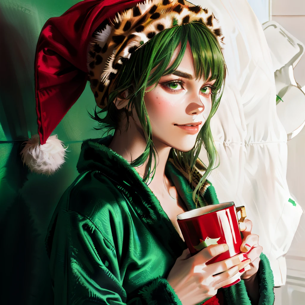 Green cute Grinch, Cheetah robe, Starbuck cup, Red white towel on head