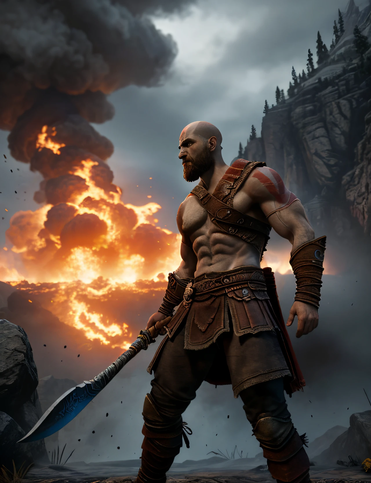 "Generate an AI-driven image depicting a dramatic and intense battle scene between Kratos and Zeus from the God of War series. Capture the raw power and emotion of their confrontation, ensuring detailed and dynamic representations of both characters in the midst of combat. Highlight iconic elements such as Kratos' Blades of Chaos and Zeus' thunderous abilities, while maintaining a high level of visual fidelity and staying true to the distinct artistic style of the God of War franchise."