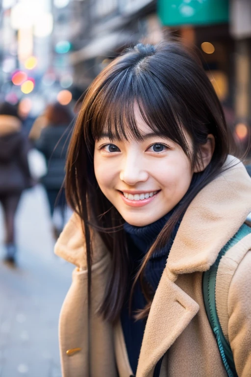 high-detail Perfect Photo Japan Woman Man lightsmile Prone to downward Winters cute little I'm wearing a coat In the street