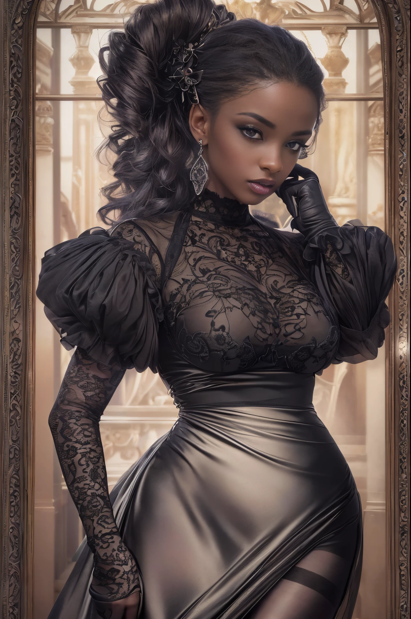 (best quality, 4k, 8k, highres, masterpiece:1.2), ultra-detailed, (realistic,photorealistic,photo-realistic:1.37), gorgeous light skin black woman, seductive gaze, elegant posture, gothic background, sensual beauty, glamorous fashion, black gothic gown, pantyhose, dark colors, moody lighting, full body pose