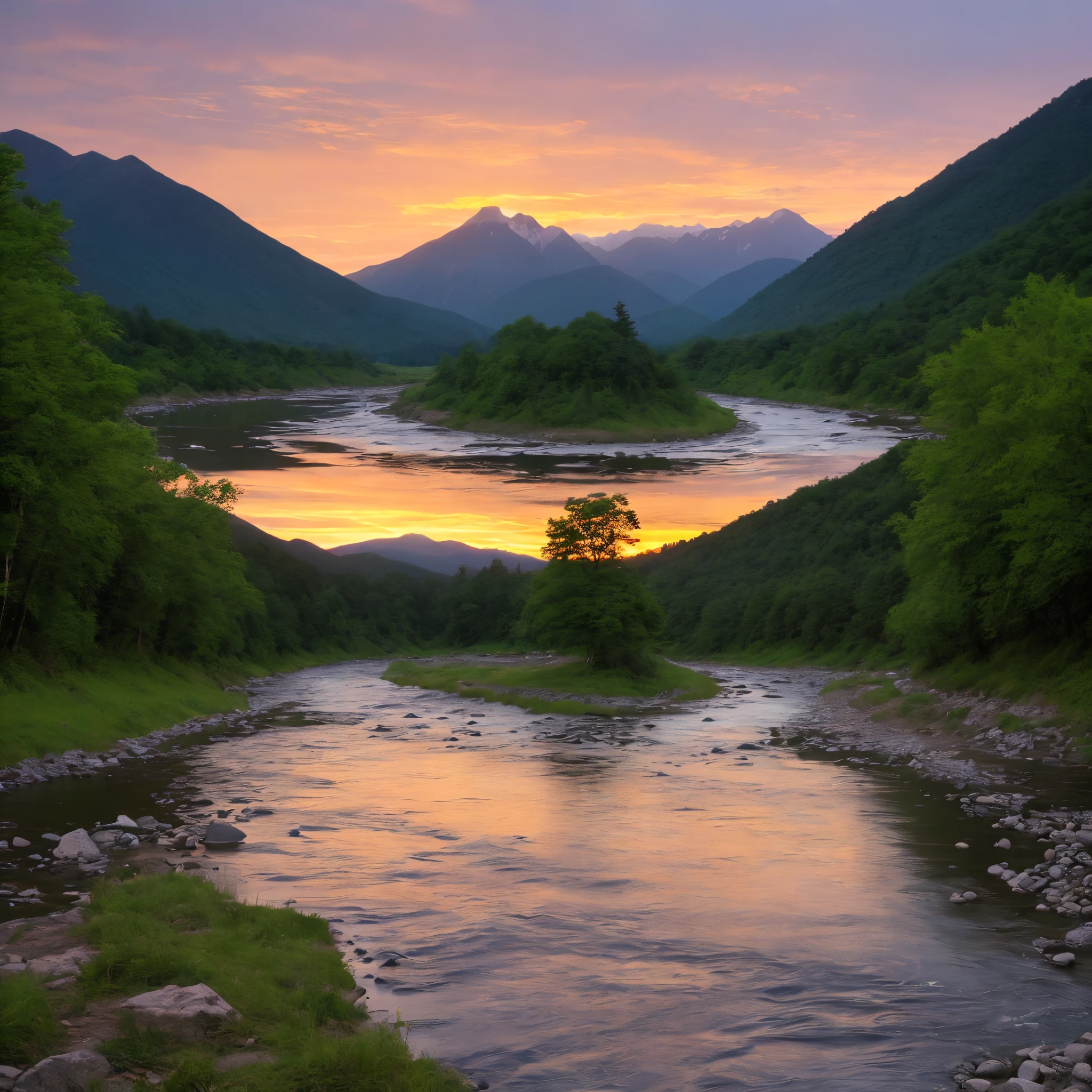 Mountain river and sunset