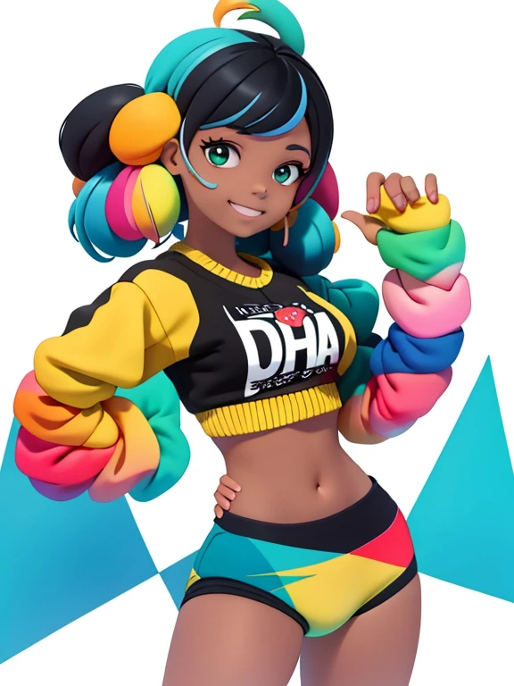 (obra-prima), (melhor qualidade), (ultra-detalhado), (corpo inteiro: 1.2) menina negra morena adolescente, moletom, capuz, touca, sorriso claro, corpo inteiro, :3, cabelo colorido e preso, modern accessories, fundo tom pastel , colorido e simples.