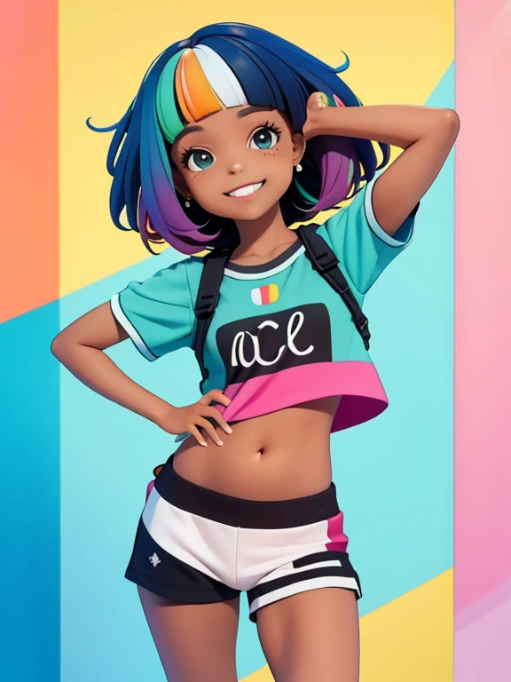 (obra-prima), (melhor qualidade), (ultra-detalhado), (corpo inteiro: 1.2) negra morena adolescente, moletom, capuz, touca, sorriso claro, corpo inteiro, :3, cabelo colorido e preso, modern accessories, fundo tom pastel , colorido e simples.