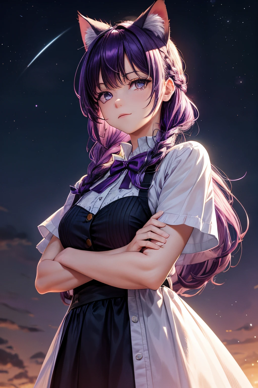 Top quality, high resolution, perfect human structure, background focus, front view, purple hair, glowing hair, cat ears, 0 year old, baby, crossed arms, french braid, crazy eyes, night sky