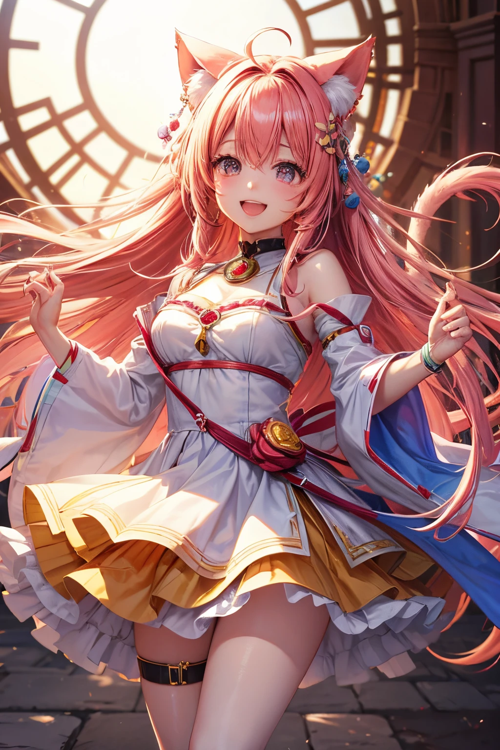 Top quality, high resolution, perfect human anatomy, background focus, front view, seven-colored hair, glowing hair, cat ears, amarudera mitsuri cosplay, laughing happily, sakura mochi,