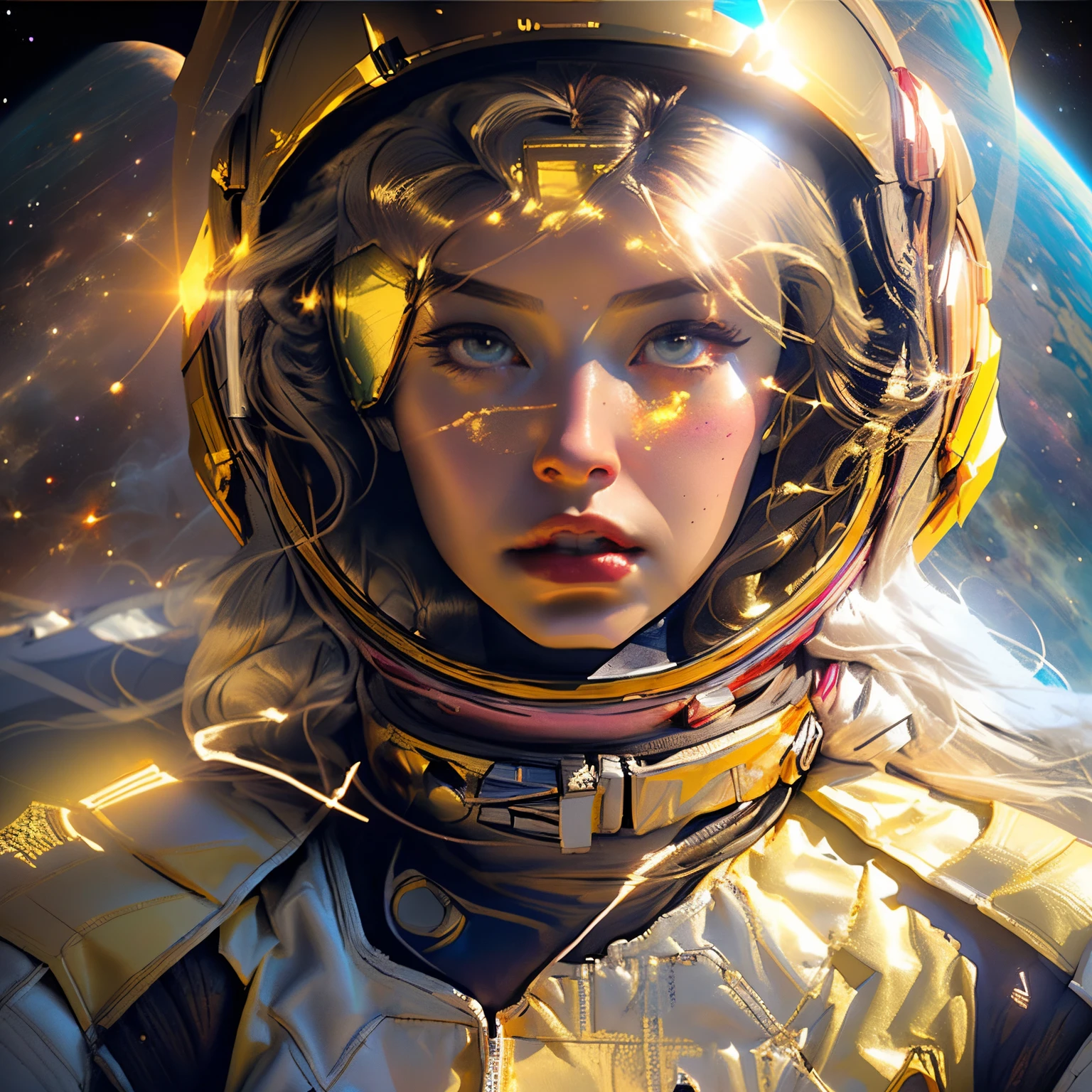 a woman in a space suit of gold, hold helmet and stars, girl in a cosmic dress, beautiful woman in spacesuit, melting away costume and helmet, cyborg goddess in cosmos, powerful woman sitting in space, highly detailed vfx portrait, light sparkle particles, goddess of space and time, classic movie poster, 8k cinematic, volumetric lighting, golden colors