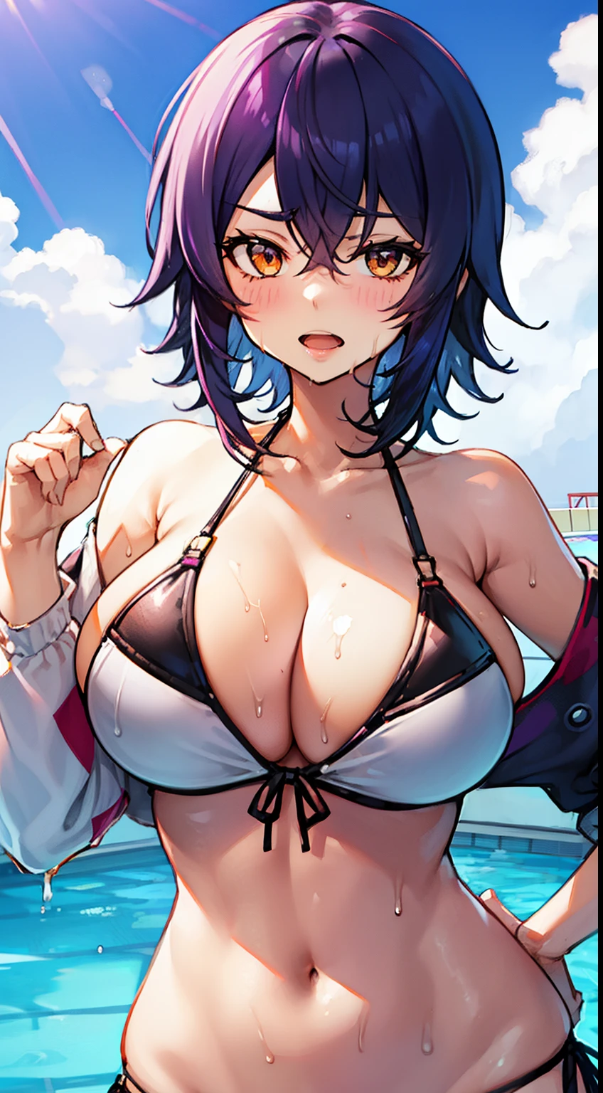 Solo, in poolside,black hair, wide hips,wide hips, Open mouth, sexy bikini,sweat body, Wet body, standing,huge breasts,focus upper body,eye pacth.purple hair,short hair