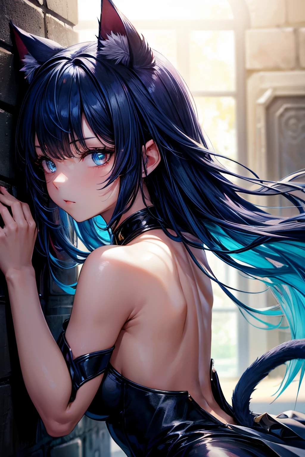 Top quality, high resolution, perfect human structure, background focus, front view, glowing hair, cat ears, blue hair, bangs pinned back, battle dress, in room, back against wall, resting, determined, glowing eyes