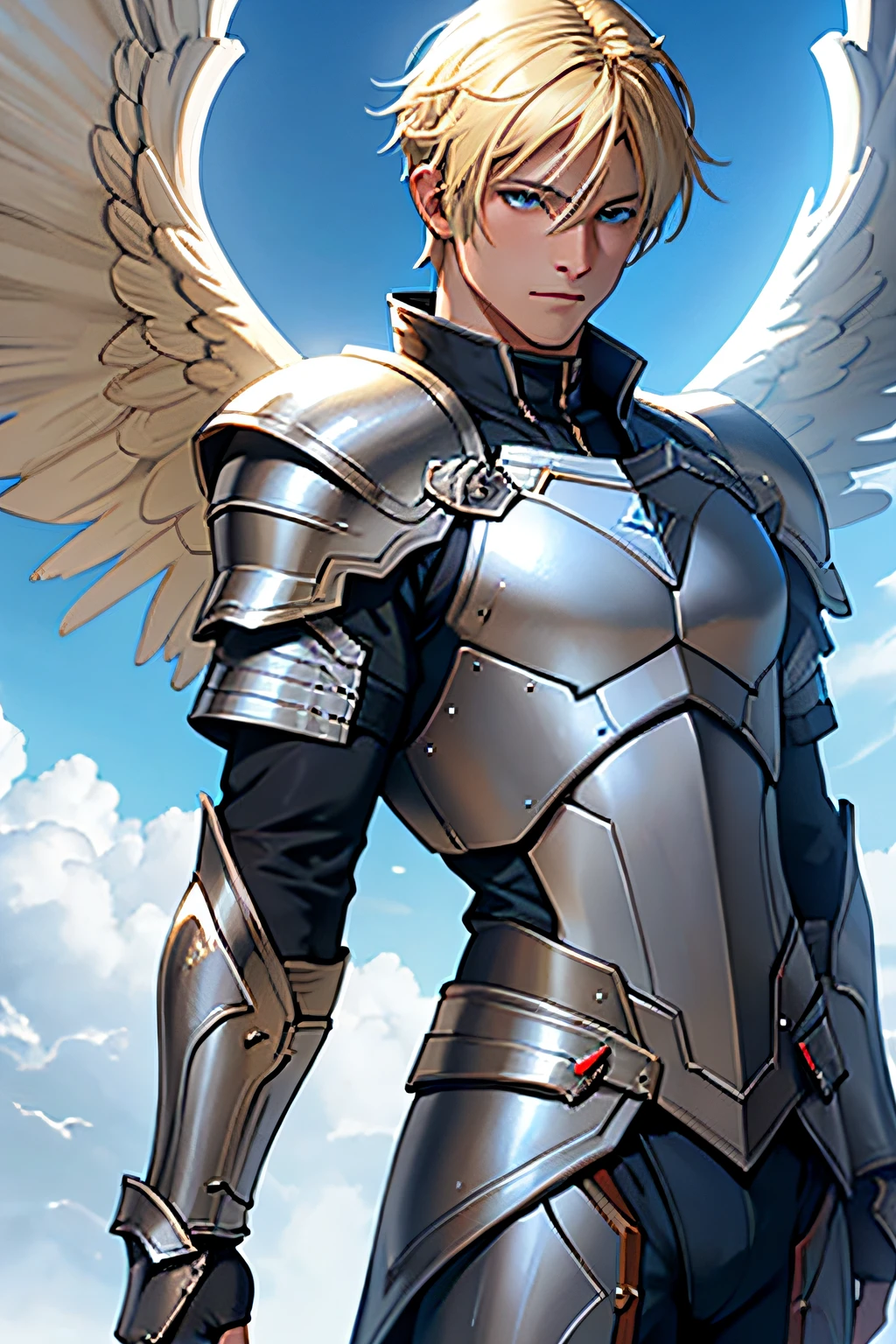 a soldier with angels wings, man, blonde hair, blue eyes and armor, high quallity, realistic, 8k, lineage 2 style