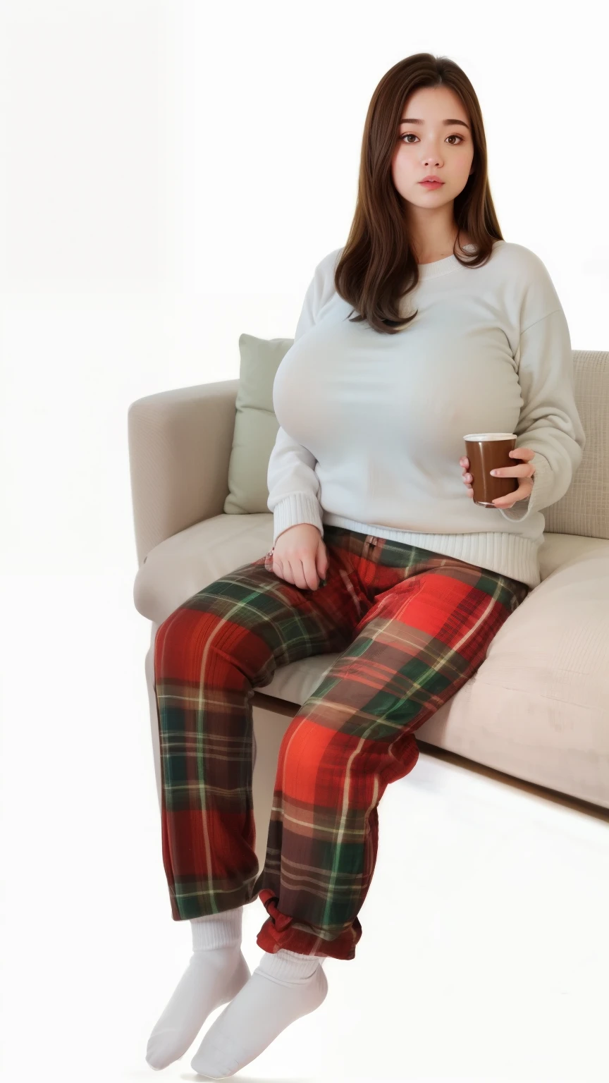 (best quality), big head, (1girl with gigantic breasts:1.3) Girl With Brown Hair , White Pale Skin Tone , Korean , Fat Girl , Gigantic Breast , Girl sit on cozy sofa , White Sweater , Red Plaid Pajama Pants , Holding drink Cup , Thanksgiving, hold the cup witth hand, Christmas Vibing , Wearing Socks In Her Feet , Comfortable, Enjoying Time , Details , UHD , 8K