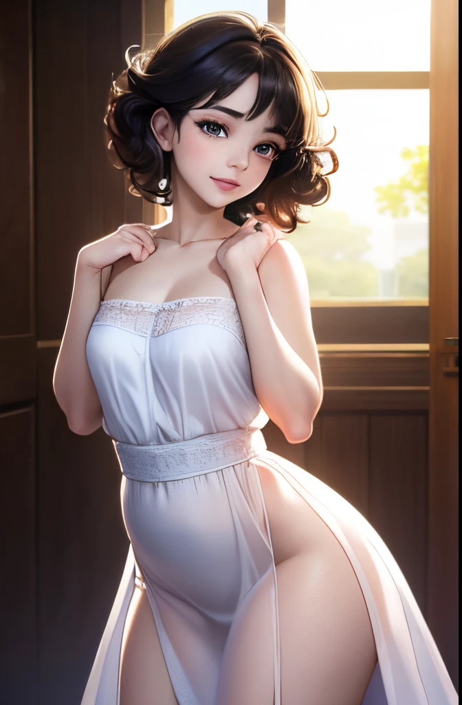 (best quality,4k,8k,highres,masterpiece:1.2),ultra-detailed,(realistic,photorealistic,photo-realistic:1.37),beautiful detailed eyes,beautiful detailed lips,cute girl,soft and smooth skin,little dimples,innocent expression,long eyelashes,flowing curly short hair,lovely smile,colorful sexy
dress,playful pose,natural sunlight,bokeh,bright and vibrant colors