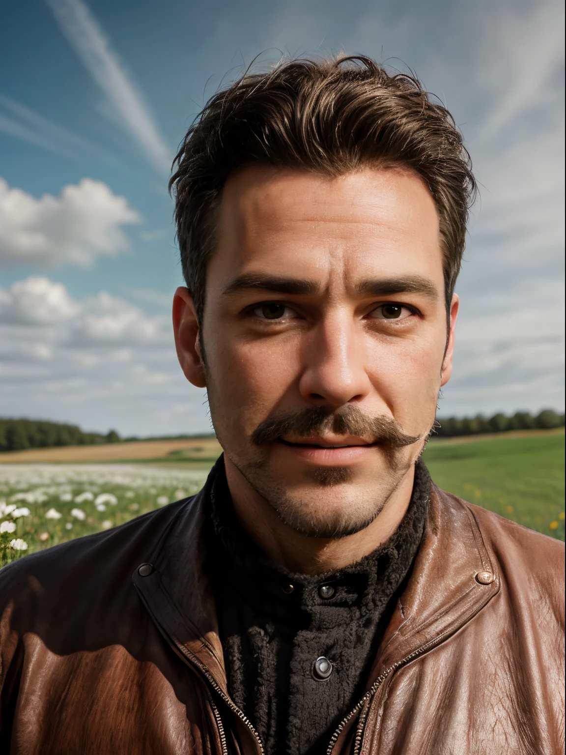 masterpiece, best quality, high resolution, closeup portrait, male focus, solo focus, 45 years old, with cowboy clothes, blonde bleached hair, messy hairstyle, cute and seductive face, bare chest, body hair, facial hair, roman nose, very skinny body, hairy legs, dimples, goatee and mustache, bold jawline, in the background a meadow,  view from below, amazing composition, front view, HDR, ultra quality, elegant, highly detailed