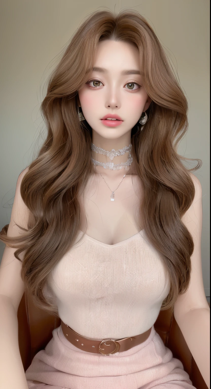 ((best qualtiy, 8K, tmasterpiece:1.3)), Focus:1.2, ((Barbie Girl)) ((Dolled Up))  ((Perfect figure Beautiful Woman: 1.4)), ((Sitting On Chair))  ((Random Parted Layered Hairstyle) ((Brown Wavy Hair In Big Curls))（Wearing Porcelain  Pink Crop Top and Skirt With Belt：1.5，Highly Detailed Face and Skin Texture，二重まぶた，Detailed Skin，Wearing A Diamond  Chocker, Looking At Camera, Zoom Out On Woman,,