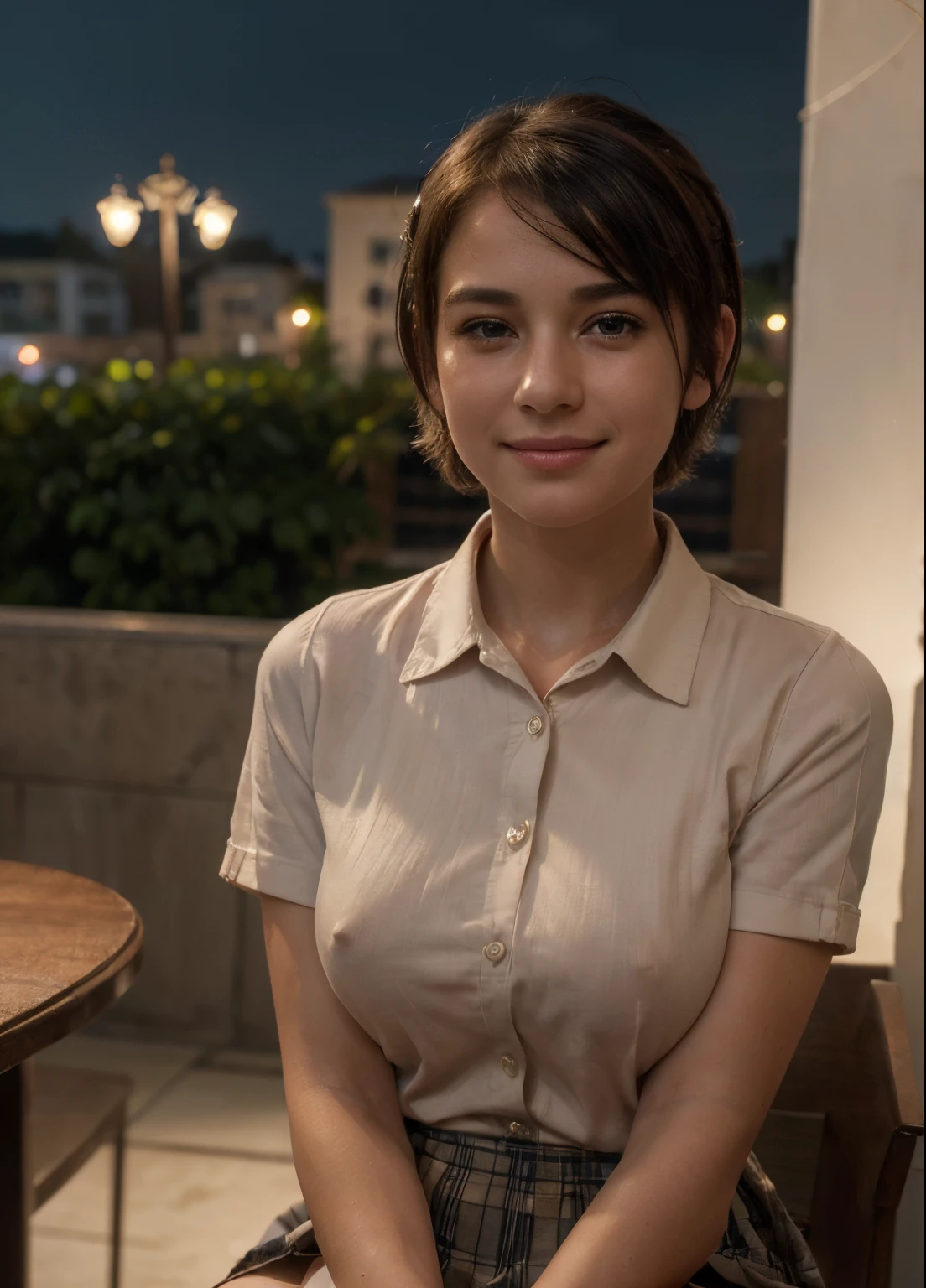 (8k, best quality, masterpiece:1.2), (sfw:1.3), (realistic, photo-realistic:1.37), ultra-detailed, 1 girl,cute, solo,beautiful detailed sky,detailed cafe,night,sitting,dating,(nose blush),(smile:1.1),(closed mouth) medium breasts,beautiful detailed eyes,(collared shirt:1.1), bowtie,pleated skirt,(short hair:1.2),floating hair,nude,naked