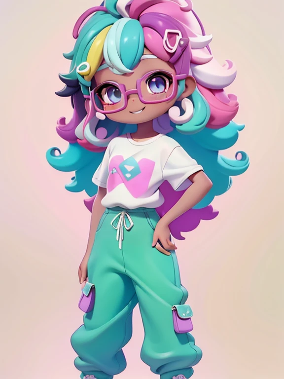negra multicolorida, Fofa, romantic nerd style, delicate and elegant glasses, moleton, capuz, Camiseta, Pants, tons pastel multicolor, sorriso meigo e delicado, corpo inteiro, olhos delicados e cabelos afro preso multicolor, fundo simples e branco