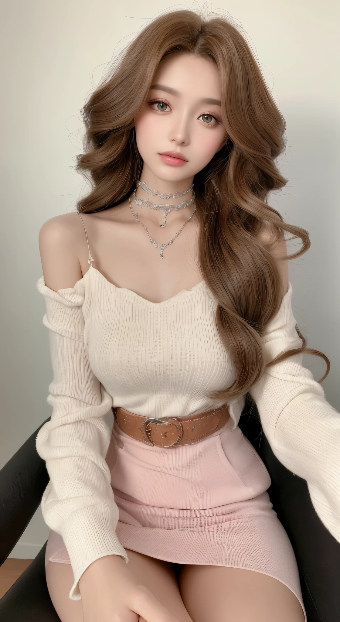 ((best qualtiy, 8K, tmasterpiece:1.3)), Focus:1.2, ((Barbie Girl)) ((Dolled Up)) ((Perfect figure Beautiful Woman: 1.4)), ((Sitting On Chair)) ((Random Parted Layered Hairstyle) ((Brown Wavy Hair In Big Curls))(Wearing Porcelain Pink Crop Top and Skirt With Belt:1.5,Highly Detailed Face and Skin Texture,二重まぶた,Detailed Skin,Wearing A Diamond Chocker, Looking At Camera, Zoom Out On Woman
