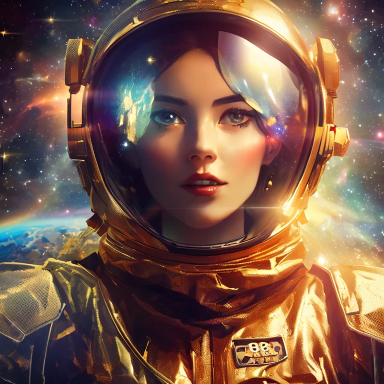 a woman in a space suit of gold, hold helmet and stars, girl in a cosmic dress, beautiful woman in spacesuit, melting away gold suit and helmet, cyborg goddess in cosmos, powerful woman sitting in space, highly detailed vfx portrait, light sparkle particles, goddess of space and time, classic movie poster, 8k cinematic, volumetric lighting, golden colors