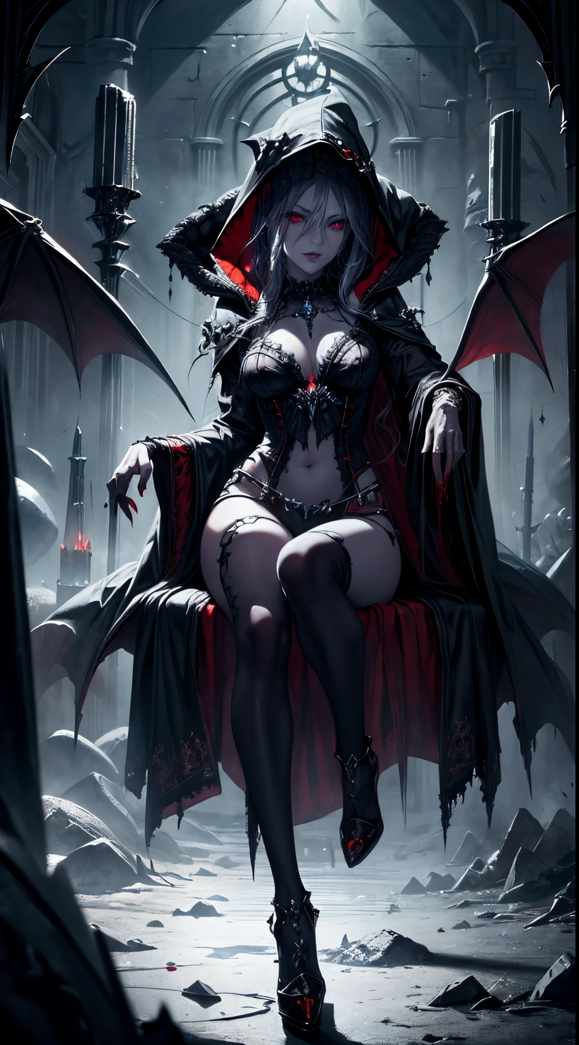 (best quality), (masterpiece), (high resolution), [:intricate details:], (detailed background) a hooded sex vampire woman sitting on a throne with skulls around her, she has red eyes,her outfit has red color, her skin is white like a vampire, dark fantasy art, vampire queen, gothic fantasy art, dark sorceress, abaddon and magali villeneuve, dark fantasy style art, epic fantasy art style hd, evil sorceress, necromancer sorceress, dark fantasy art, beautiful necromancer, (sage aura effect around the throne)