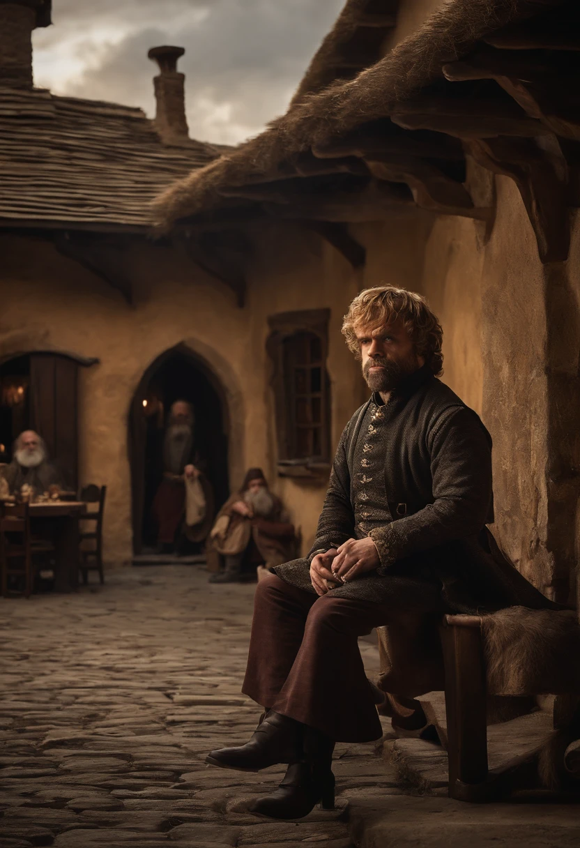 The image is of Tyrion sitting at a dimly lit tavern, surrounded by a motley crew of misfits, engaging in lively conversation and laughter.,Game of Thrones TV series,Tyrion Lannister, a prominent character from “Game of Thrones,” is distinctive for his short stature due to dwarfism, but he more than compensates with his sharp, expressive eyes and a charismatic, knowing smile. His appearance is further characterized by his well-groomed beard and hair, alongside rich, finely tailored clothing that reflects his high-born status.